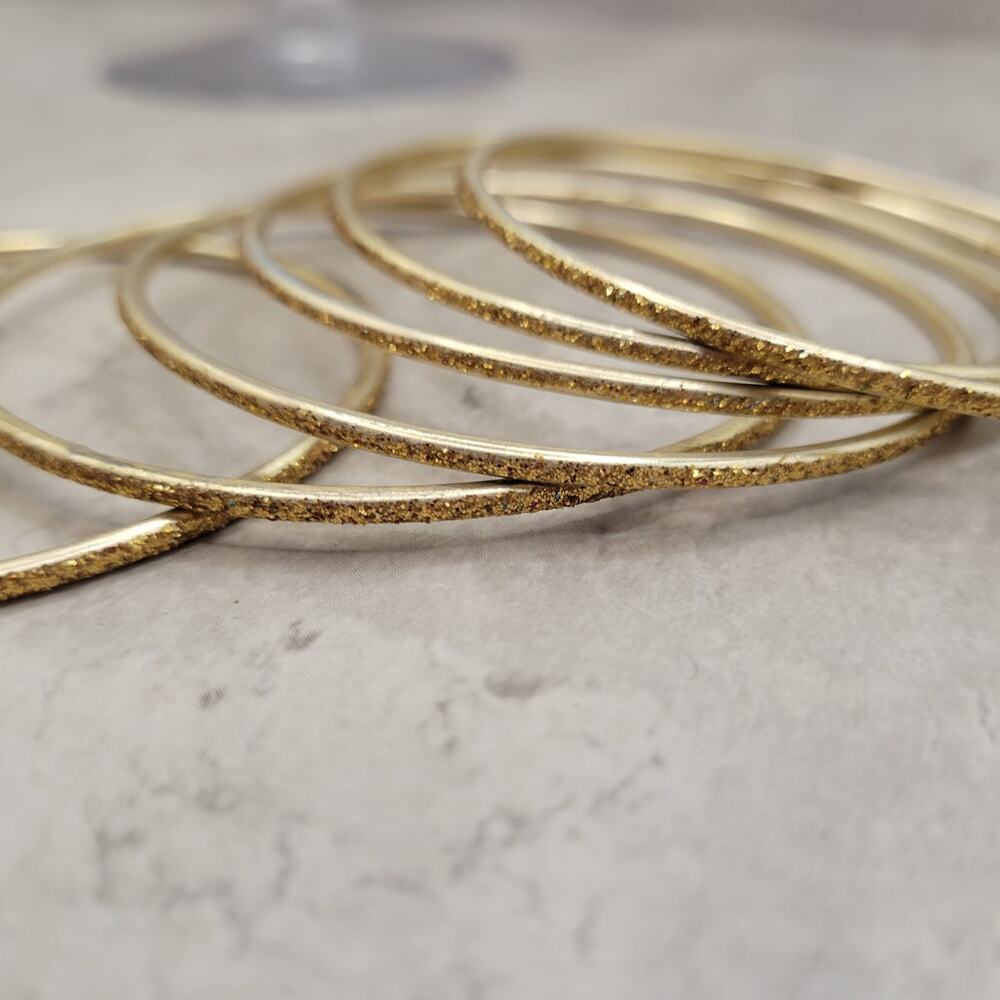 Dark Gold with Gold Glitter Thin Metal Bangles Metallics Stack of 6